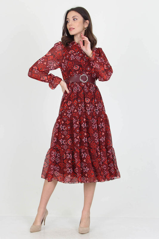 Patterned Chiffon Dress With Belt