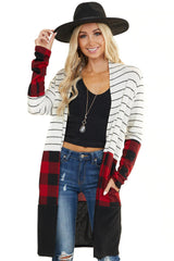 Fiery Red Plaid Colorblock Striped Cardigan