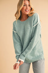 Moonlight Jade Contrast Edge Crewneck Knit Sweater