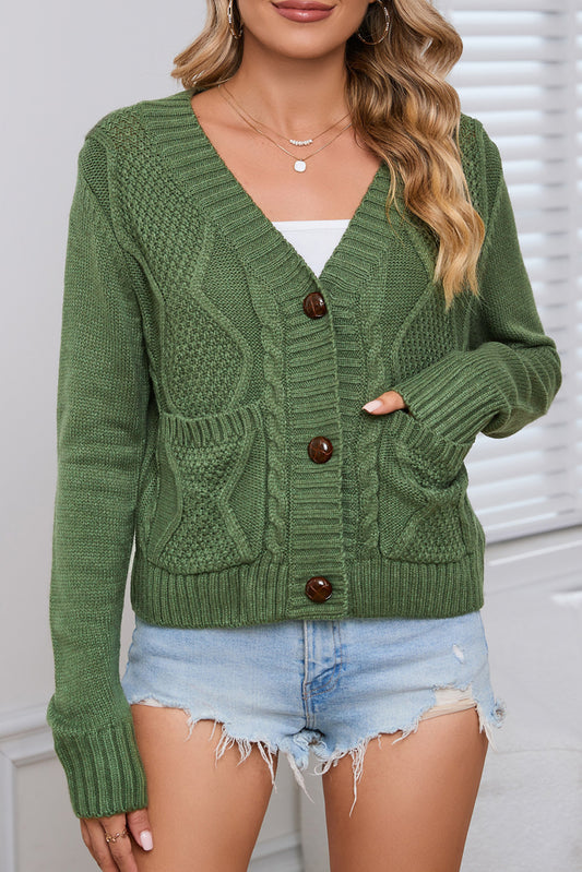 Green Pockets Buttons Textured Cropped Sweater Cardigan