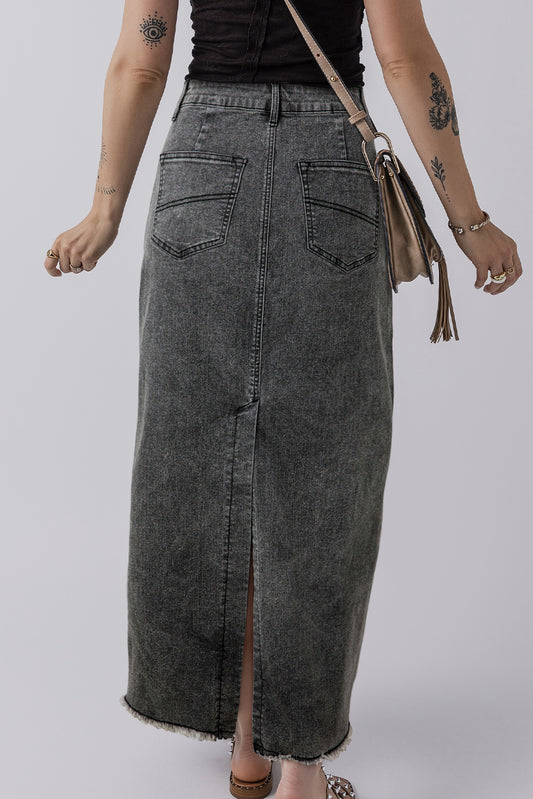 Dark Grey Denim Raw Hem Back Split High Waist Long Skirt