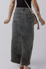 Dark Grey Denim Raw Hem Back Split High Waist Long Skirt