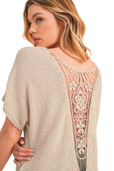 Oatmeal Guipure Lace Splicing Back Waffle Textured T-shirt