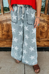 Light Blue Star Print Light Wash Drawstring High Waist Wide Leg Jeans