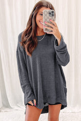 Khaki Plain Waffle Knit Drop Sleeve Side Slits Oversized Top