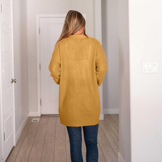 Waffle Knit Pocketed Long Sleeve Low-gauge Open Cardigan Sweater