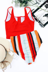 Red Sexy Square Neck Sleeveless Striped Print Tankini Swimsuit