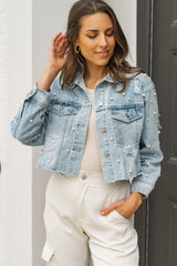 Sky Blue Pearls Beading Cropped Denim Jacket