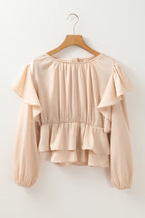 Oatmeal Elegant Satin Ruffle Long Sleeve Blouse