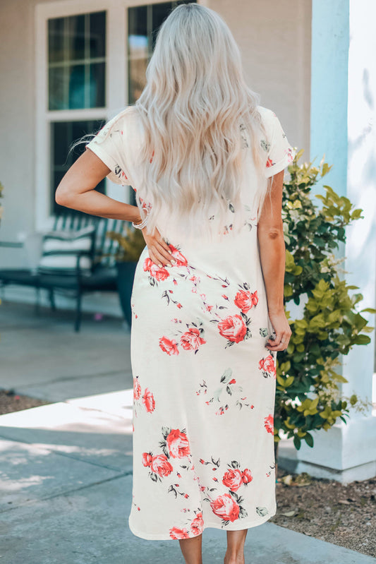 White Floral Print Side Slits T Shirt Dress