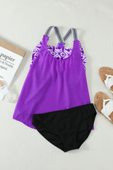 Purple Printed Splicing Racerback Tankini Swimsuit