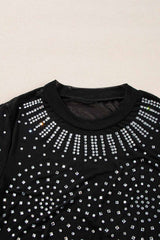 Black Rhinestone Sheer Mesh Slim Fit Bodysuit