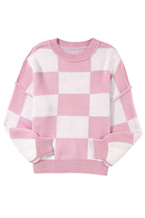 Green Checkered Bishop Sleeve Pullover Sweater