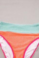 Orange Color Block Textured High Waist Sexy Bikini Set