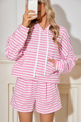 Pink Stripe Kangaroo Pocket Hoodie and Shorts Set