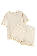 Laurel Green Fringe Trim Waffle Knit Textured Shorts Set