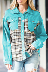 Sky Blue Plaid Patchwork Pockets Denim Jacket