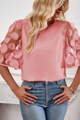 Dusty Pink Applique Mesh Splicing Sleeve Blouse