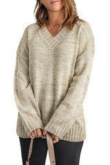 White V Neck Drop Shoulder Knitted Sweater