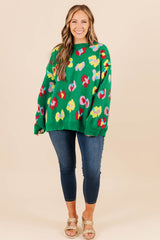 Green Plus Size Floral Knitted Drop Shoulder Sweater