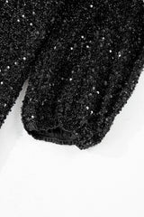 Black Plus Size Bubble Sleeve V Neck Sequin Dress