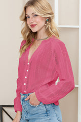 Rose Notch Neck Button Down Raglan Sleeve Lace Top