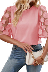 Dusty Pink Applique Mesh Splicing Sleeve Blouse