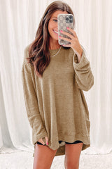 Khaki Plain Waffle Knit Drop Sleeve Side Slits Oversized Top