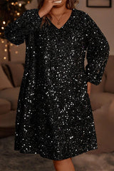 Black Plus Size Bubble Sleeve V Neck Sequin Dress