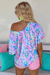 Pink Boho Abstract Floral Print V Neck T Shirt