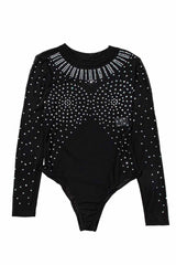 Black Rhinestone Sheer Mesh Slim Fit Bodysuit