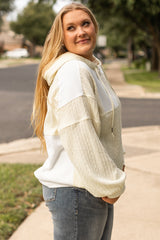 Beige Waffle Textured Patchwork Exposed Seam Plus Size Hoodie