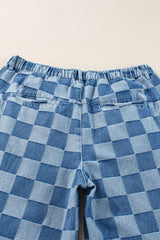 Dusk Blue Plus Size Checkered Seamed High Waist Wide Leg Jeans