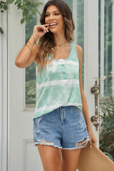 Green Tie Dyed Buttoned Round Neck Tank Top