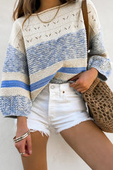 Light Blue Striped Hollow Out Puff Sleeve Sweater