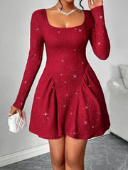 Backless Glitter Square Neck Long Sleeve Mini Dress