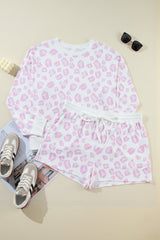 Pink Leopard Print Plus Size Long Sleeve Top and Shorts Set