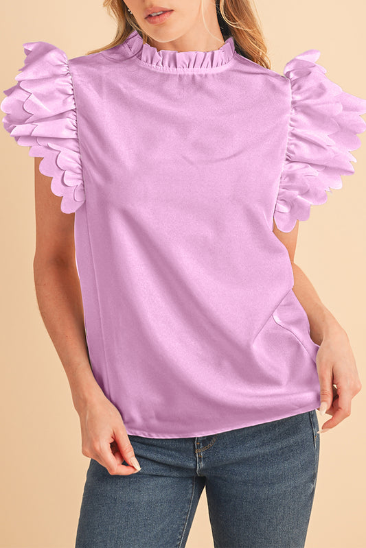 Bright Pink Solid Scalloped Ruffle Sleeve Blouse