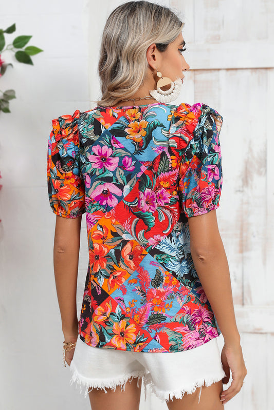 Multicolor Boho Tropical Floral V Neck Ruffle Blouse