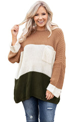 Khaki Color Block Tiered Knit Plus Size Sweater