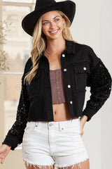 Black Sequin Sleeve Pocketed Raw Hem Denim Jacket