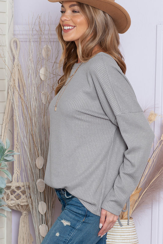 Grey Waffle Knit Cinched Backless Drop Shoulder Long Sleeve Top