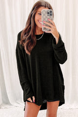 Khaki Plain Waffle Knit Drop Sleeve Side Slits Oversized Top