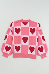 Pink Plus Size Heart Colorblock Mock Neck Lantern Sleeve Sweater