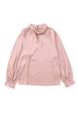 Pink Elegant Keyhole Long Sleeve Satin Blouse