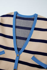 White Stripe Colorblock Drop Shoulder Buttoned Loose Cardigan