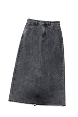 Dark Grey Denim Raw Hem Back Split High Waist Long Skirt