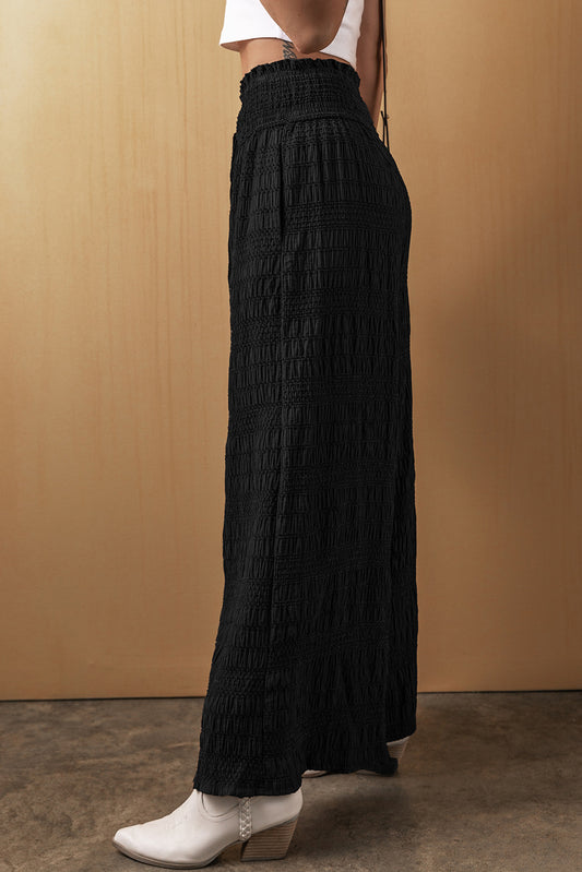 Black Textured Wide Smocked Waist Loose Pants