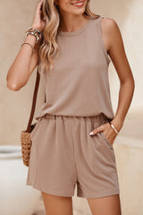 Medium Grey Corded Sleeveless Top and Pocketed Shorts Set