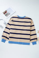 White Stripe Colorblock Drop Shoulder Buttoned Loose Cardigan